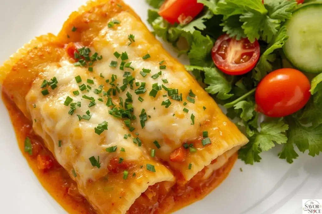 Cheesy manicotti served with fresh green salad on a plate for a complete dinner meal.