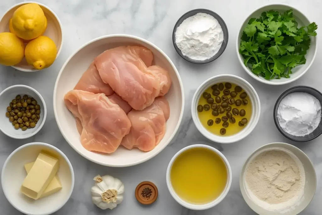 Ingredients for chicken piccata recipe including chicken breasts, lemon, butter, capers, garlic, and parsley.