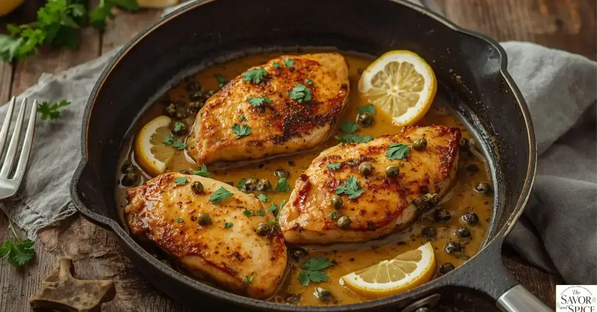 Easy chicken piccata recipe with lemon butter sauce, capers, and fresh parsley served in a skillet.