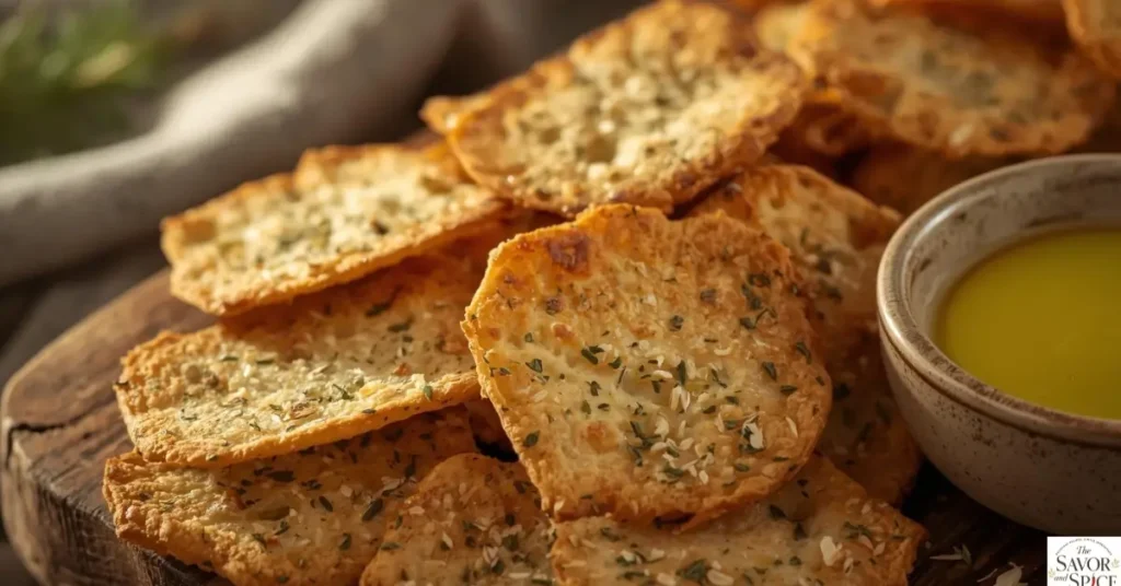 Garlic and herb sourdough discard crackers served on a rustic board.