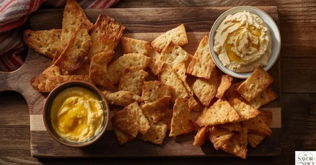 Sourdough discard crackers served with dips on a wooden board.