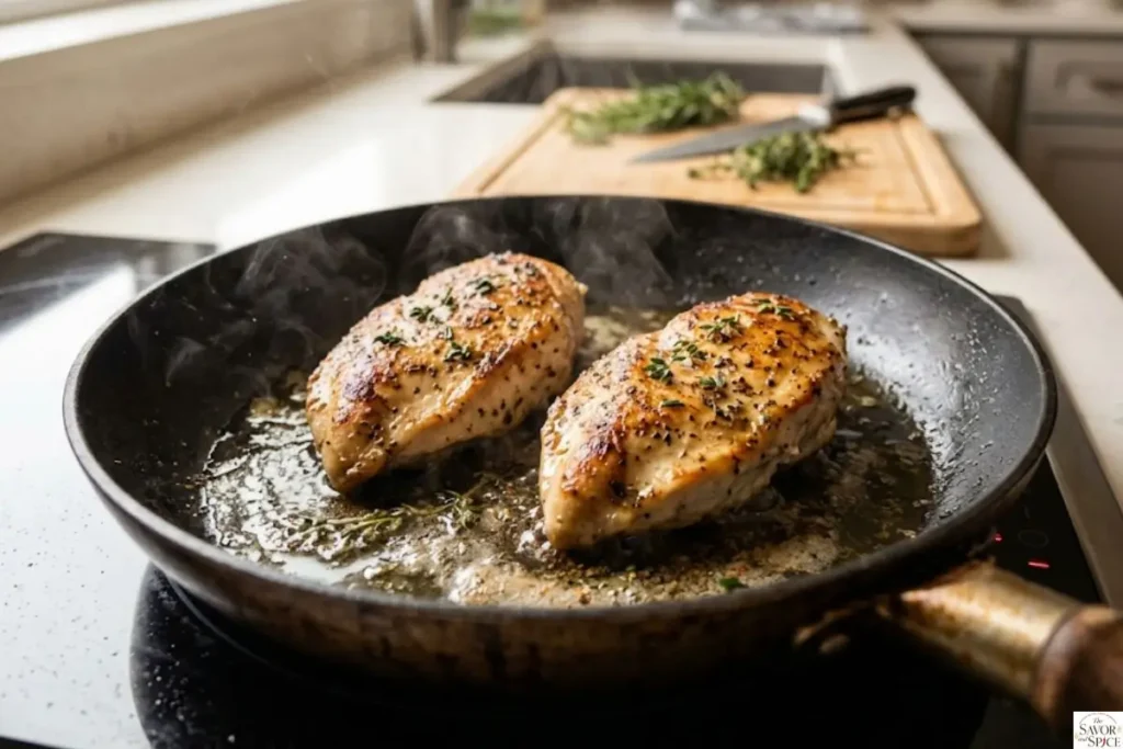 Close-up of chicken breast cooking in a non-stick pan on medium heat with golden sear, slight steam, and oil shimmer in a home kitchen.