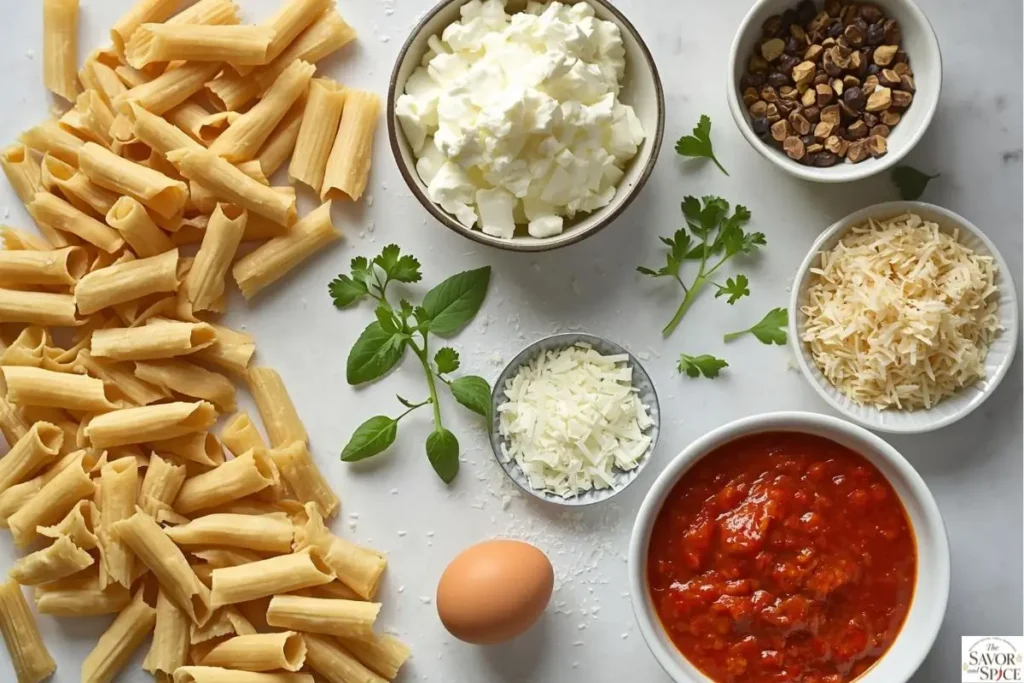 Ingredients for easy manicotti recipe,an  including pasta shells, ricotta cheese, marinara sauce, and mozzarella