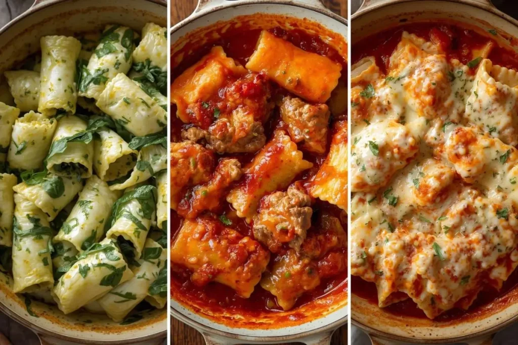 Different variations of easy manicotti recipe, including spinach, meat, and cheese stuffed baked pasta