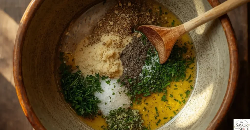 Mixing sourdough discard with olive oil and seasoning in a bowl to make sourdough discard cracker.