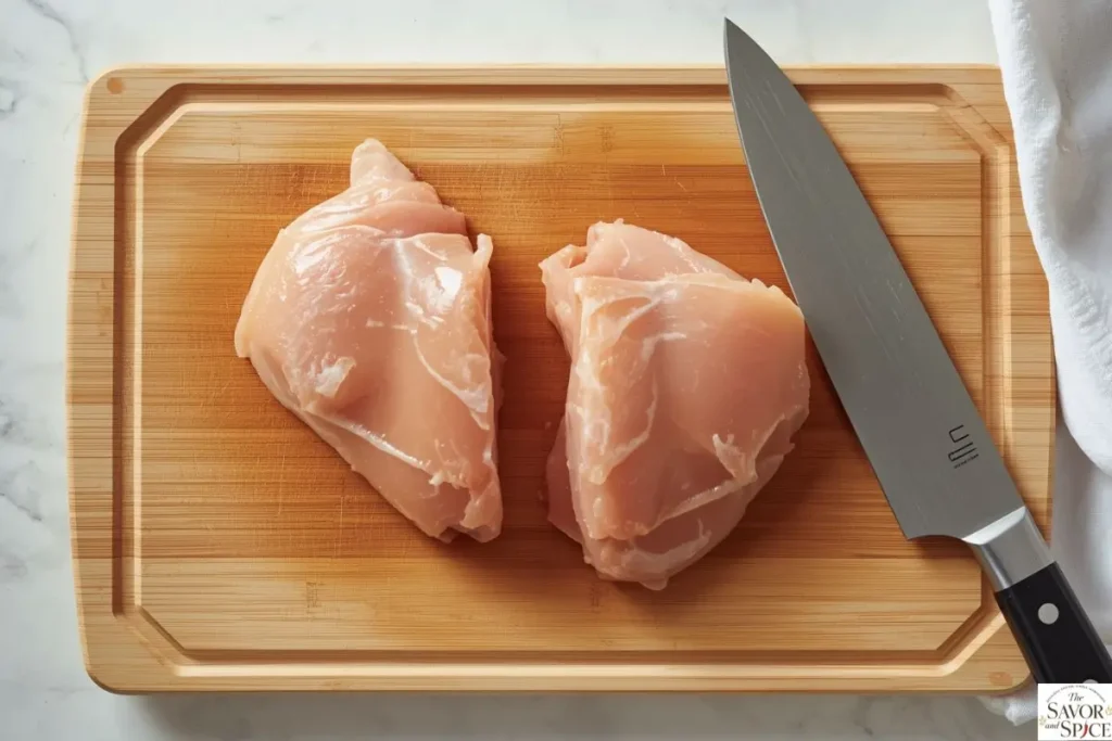 Slicing chicken breasts in half for even cooking in chicken piccata recipe.