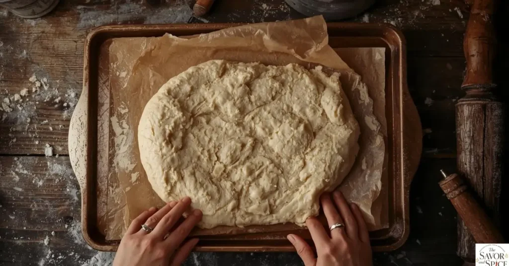 Spreading sourdough discard dough thinly on baking tray for crackers.
