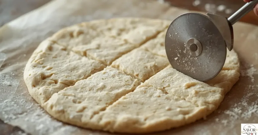 Cutting sourdough discard dough into cracker shapes before baking sourdough discard crackers.