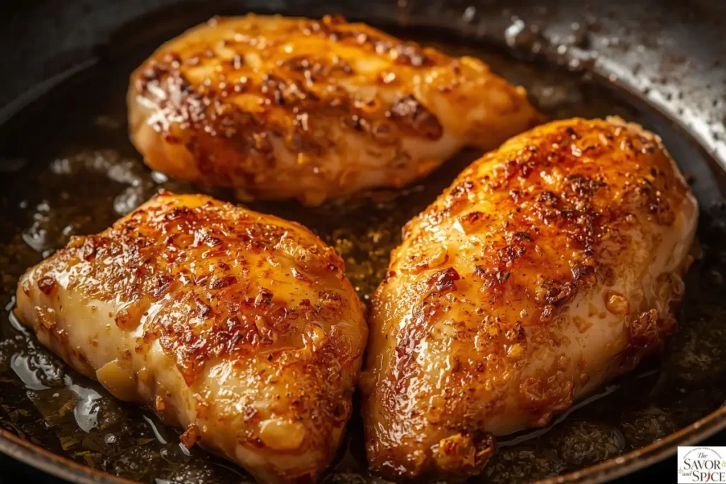 Chicken searing in a skillet until golden brown for authentic chicken piccata.
