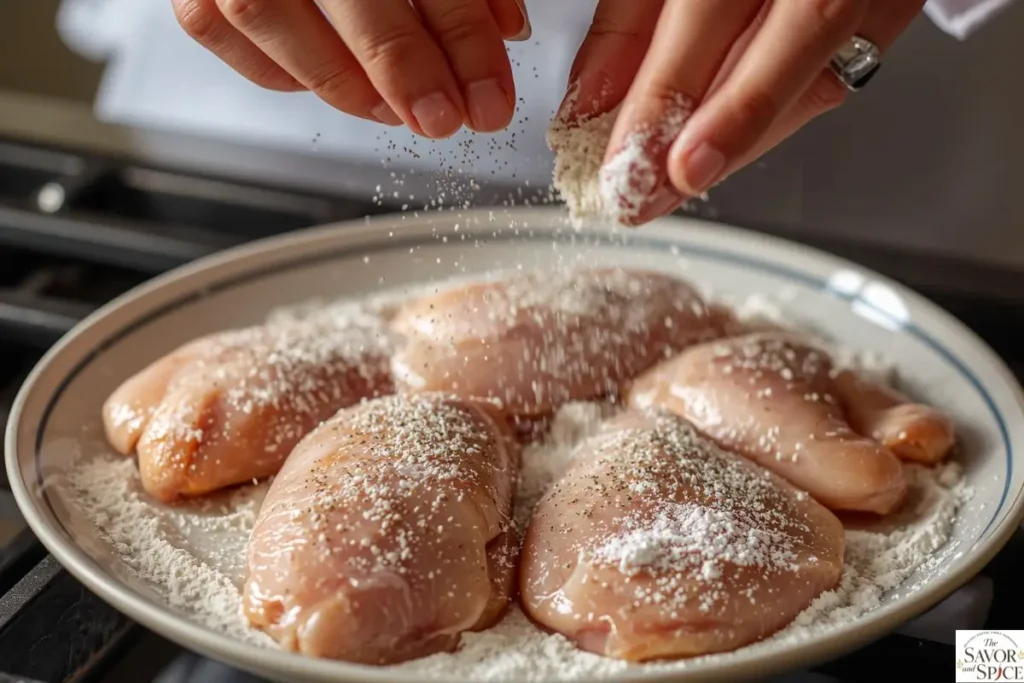 Chicken breasts seasoned and coated in flour for the best chicken piccata recipe.