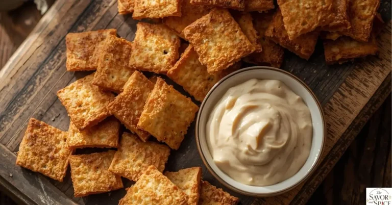 Crispy homemade sourdough discard crackers served with dip on a wooden board.