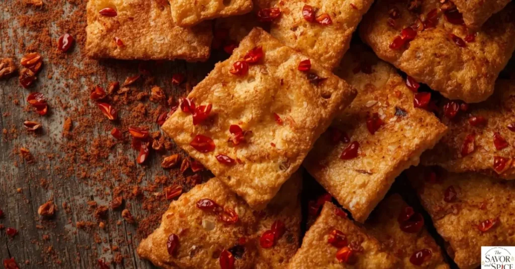 Spicy sourdough discard crackers with chili flakes and seasoning.
