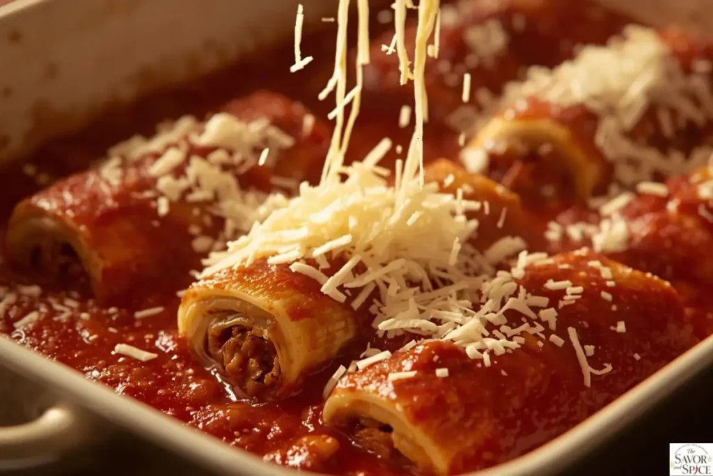 Sprinkling mozzarella and parmesan cheese over manicotti before baking.