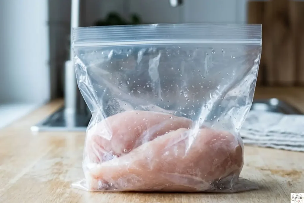 Raw chicken breast in a sealed bag being thawed in a refrigerator or kitchen setting with visible frost