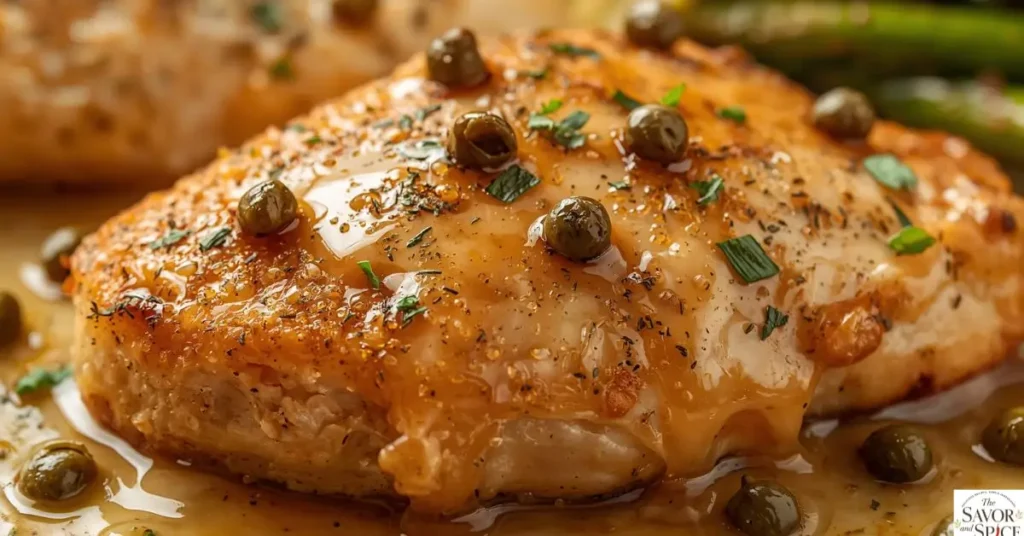 Easy chicken piccata recipe with lemon butter sauce and capers served on a plate.