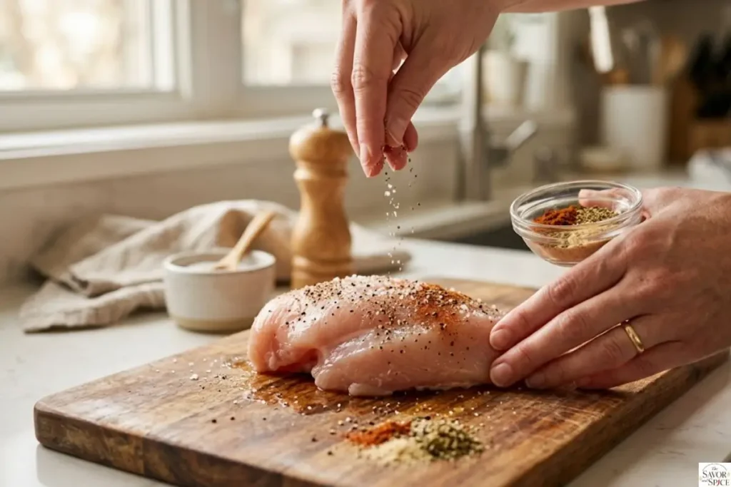 Raw chicken breast being seasoned with salt and spices on a wooden cutting board in a kitchen to know why is my chicken rubbery.