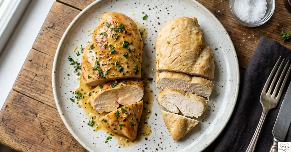 Juicy vs dry chicken breast comparison showing rubbery overcooked chicken next to tender golden juicy chicken.