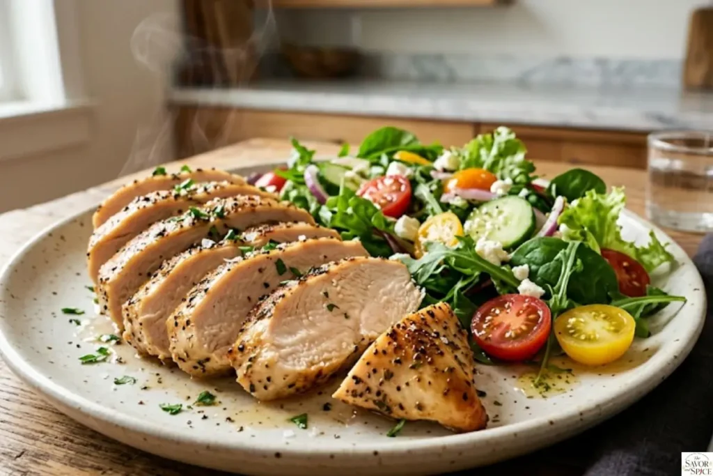 Close-up of freshly cooked chicken breast sliced on a plate showing juicy texture, golden seared edges, and steam in a kitchen setting.