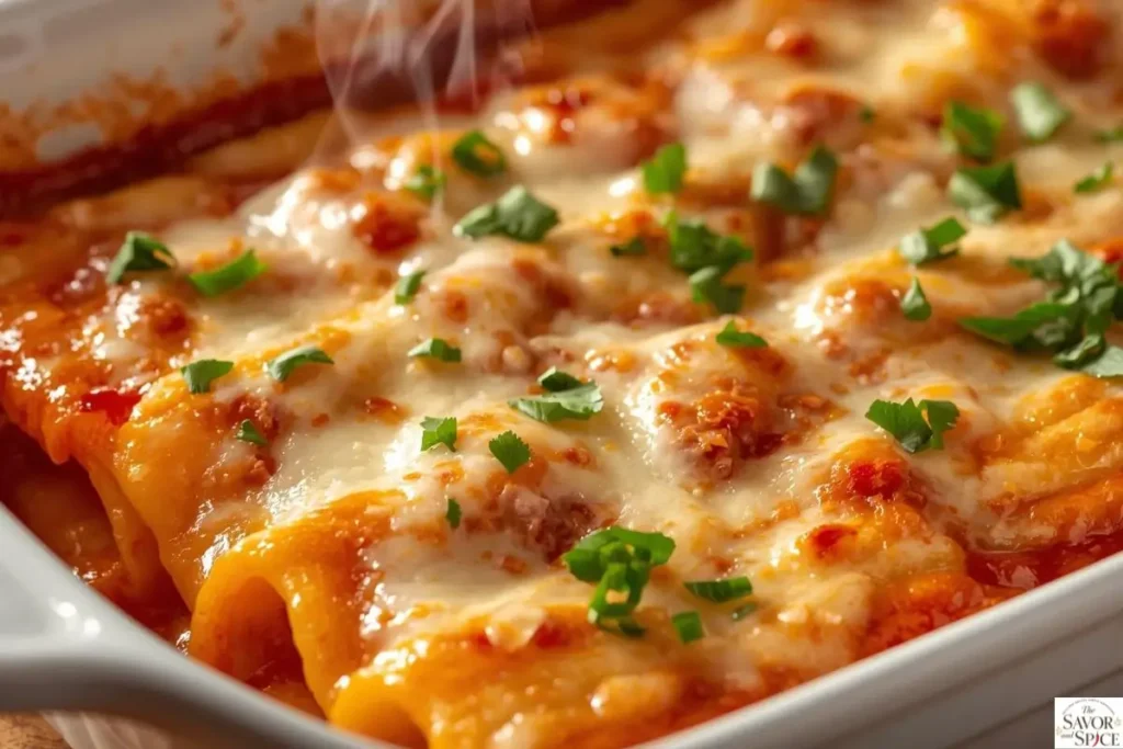 Baked manicotti fresh out of oven with melted cheese and marinara sauce.