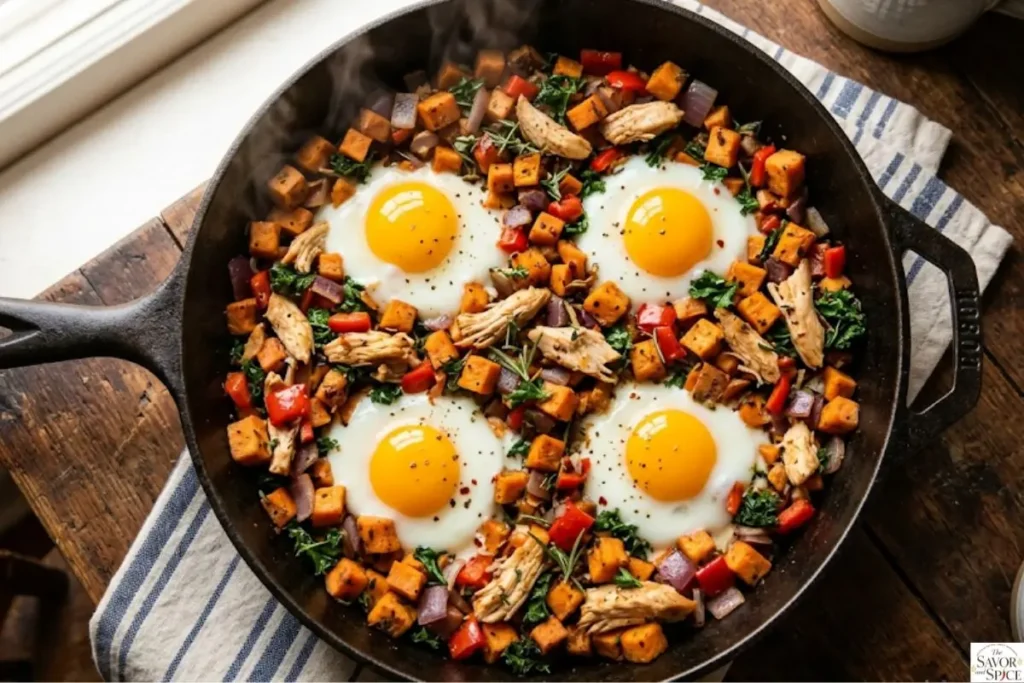 Eggs cracked into wells of chicken sweet potato breakfast hash cooking in a skillet for a high protein breakfast recipe.