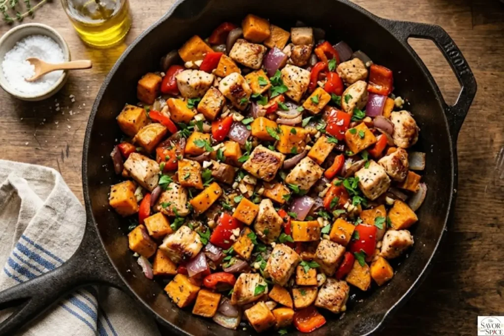 Chicken sweet potato breakfast hash cooking in a skillet with chicken, onions, bell peppers, and seasonings being mixed together.