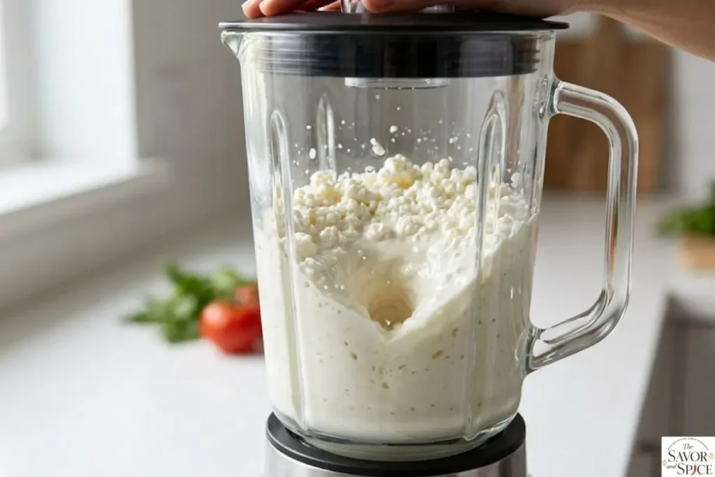 Cottage cheese blended with broth into a smooth, creamy cottage cheese sauce.