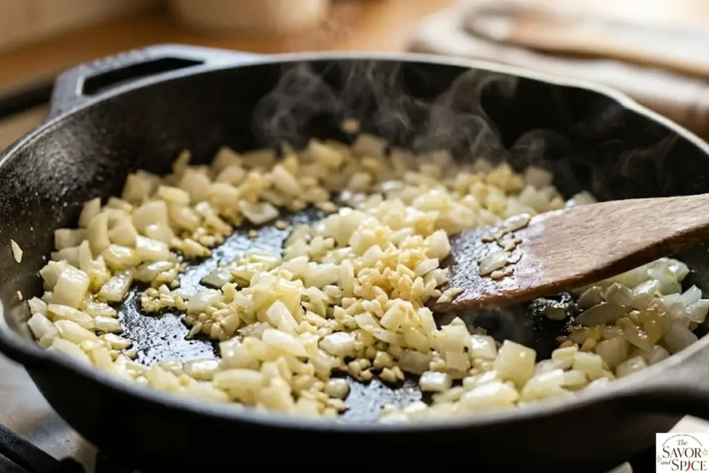 Chopped onion and garlic sautéing in a pan until soft and fragrant for cottage cheese chicken dinner.