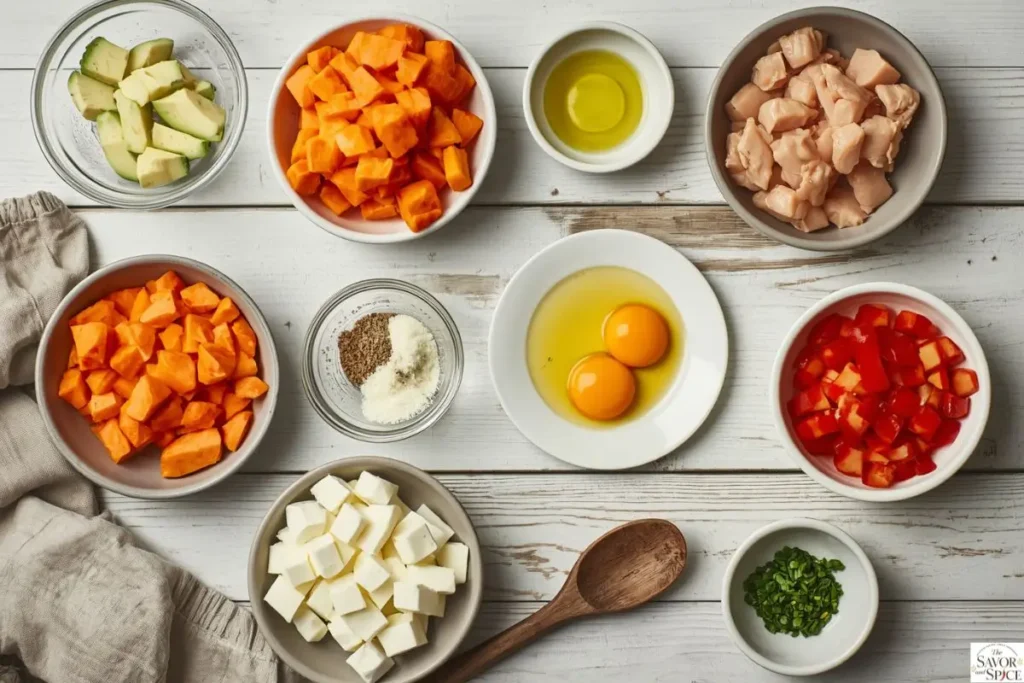 Raw ingredients for chicken sweet potato breakfast hash including diced sweet potatoes, cooked chicken, eggs, onion, bell pepper, and seasonings laid out on a kitchen counter for easy one-pan breakfast preparation.