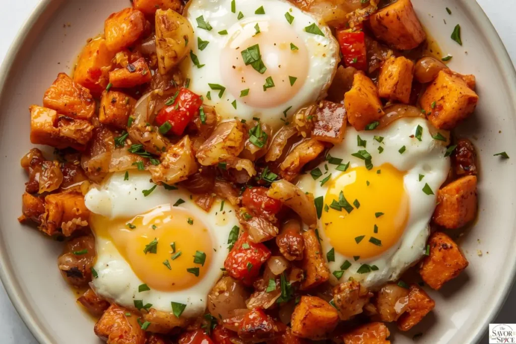 Chicken sweet potato breakfast hash served in a skillet with crispy sweet potatoes, chicken, and eggs, representing an easy one-pan high-protein breakfast recipe.