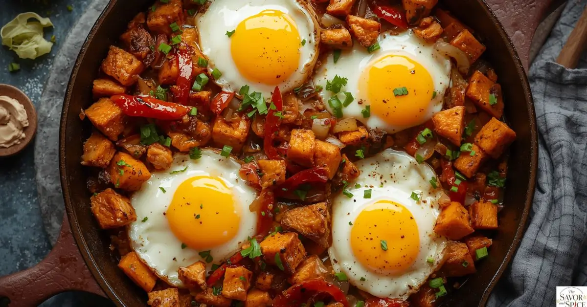 Chicken sweet potato breakfast hash in a cast iron skillet with crispy potatoes, chicken pieces, and eggs cooked on top, served warm for a high protein breakfast.