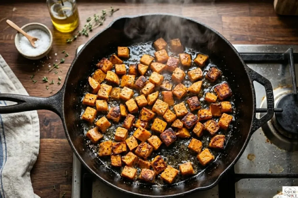 Diced sweet potatoes cooking in a skillet for chicken sweet potato breakfast hash, starting to turn golden and crispy.
