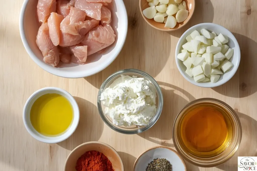 Ingredients for creamy cottage cheese chicken skillet, including chicken, cottage cheese, garlic, onion, broth, and spices.