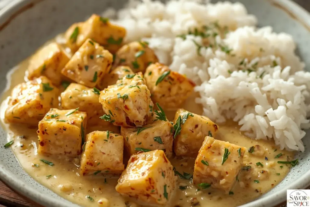 High protein creamy cottage cheese chicken skillet served fresh, easy and healthy one-pan chicken dinner idea.