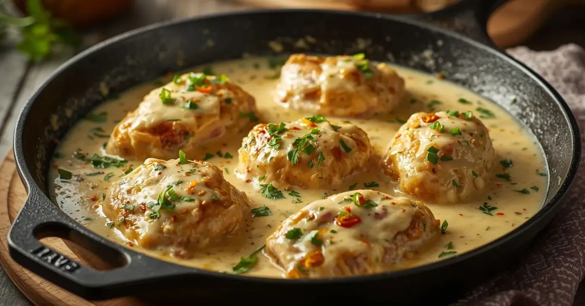 Creamy cottage cheese chicken skillet served in a pan, high-protein one-pan chicken dinner with creamy sauce.