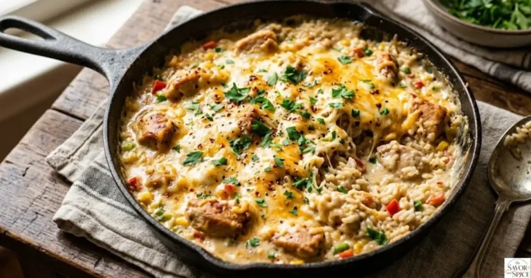 Creamy ranch chicken rice skillet served in a bowl with tender chicken, cheesy rice, and fresh parsley garnish.
