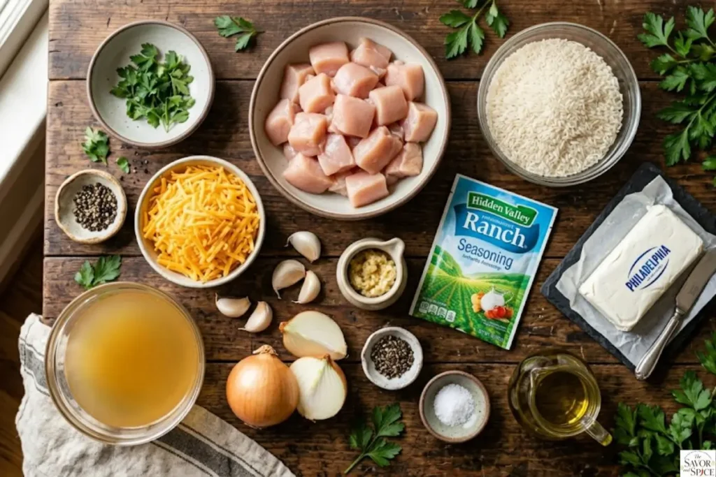 Flat lay of creamy ranch chicken rice skillet ingredients including chicken, rice, ranch seasoning, cream cheese, cheddar cheese, garlic, onion, and herbs arranged on a wooden table.