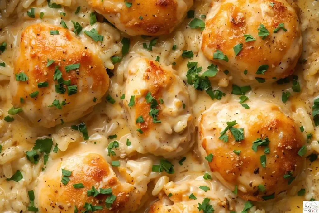 Creamy ranch chicken rice skillet with tender chicken, cheesy rice, and fresh parsley garnish.