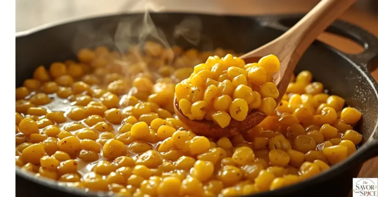 Honey butter skillet corn served in a cast iron skillet, glossy buttery sweet corn side dish.