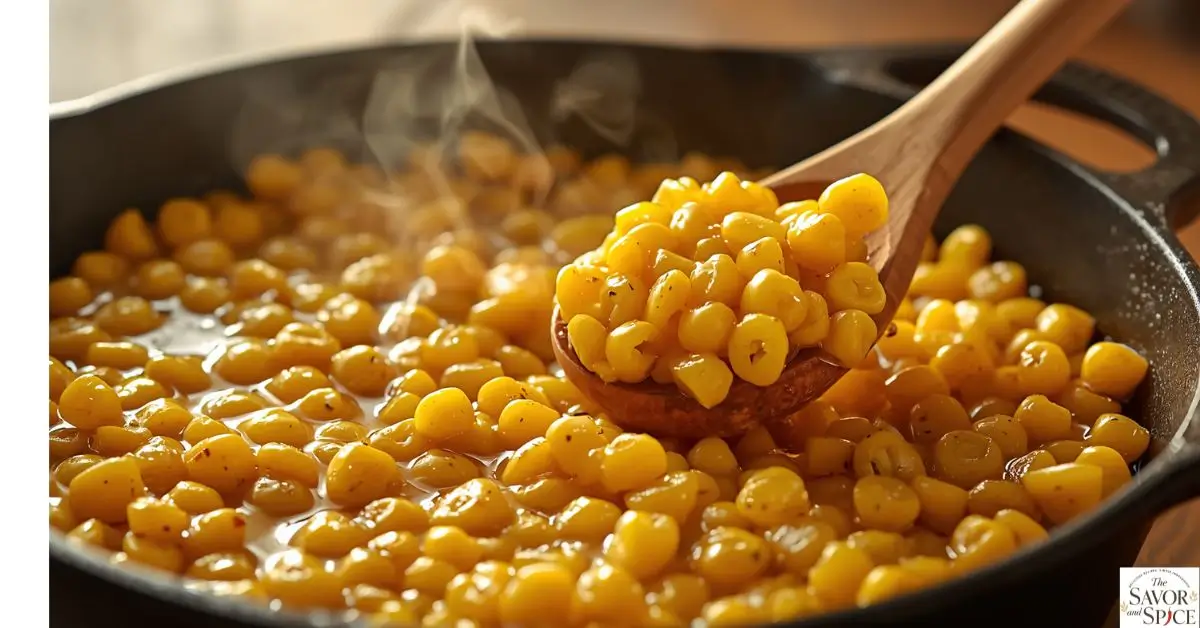 Honey butter skillet corn served in a cast iron skillet, glossy buttery sweet corn side dish.