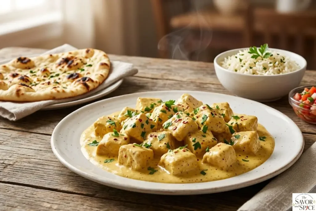 Creamy cottage cheese chicken served with garlic rice and sides, high protein one pan chicken dinner.