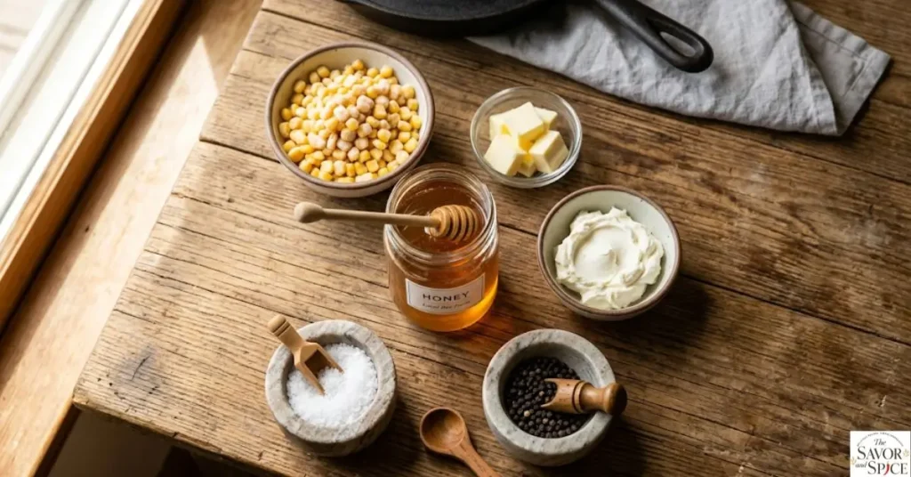Honey butter skillet corn ingredients arranged on a wooden table including corn, butter, honey, cream cheese, salt, and black pepper.