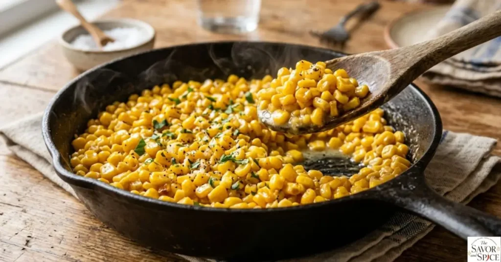 Honey butter skillet corn served in a cast iron skillet, glossy buttery sweet corn side dish ready in 15 minutes.