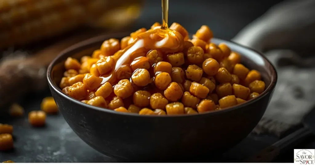 Honey butter skillet corn served with grilled chicken and barbecue sides on a rustic dinner table as a complete family meal.