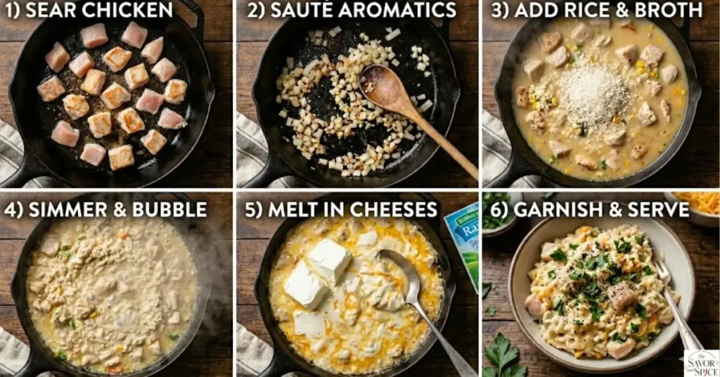 Step-by-step collage showing creamy ranch chicken rice skillet preparation including searing chicken, sautéing onions and garlic, cooking rice in broth, mixing in creamy cheese, and finished dish served with parsley garnish in a skillet.