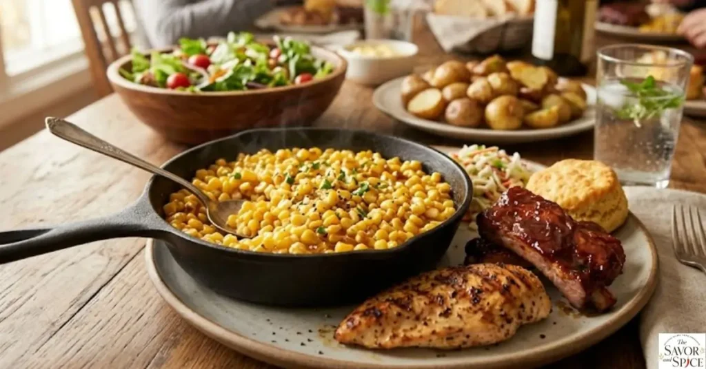 Honey butter skillet corn served with grilled chicken and barbecue sides on a rustic dinner table as a complete family meal.