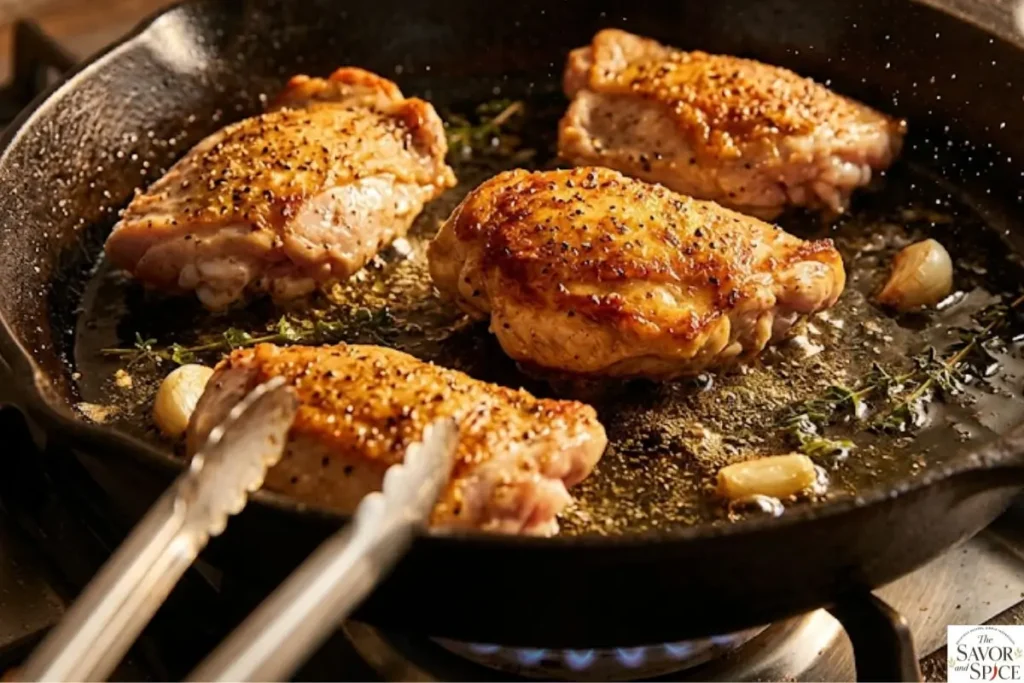 Chicken pieces are cooking in a skillet until golden brown with oil to make an easy one-pan dinner.