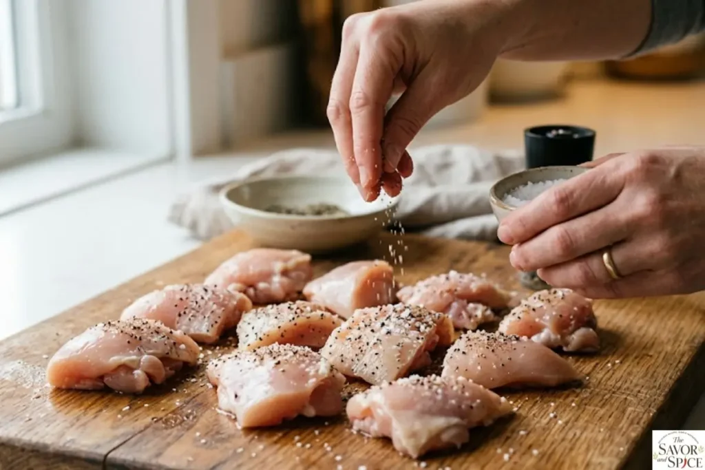 Raw chicken pieces are being seasoned with salt and black pepper on a cutting board.