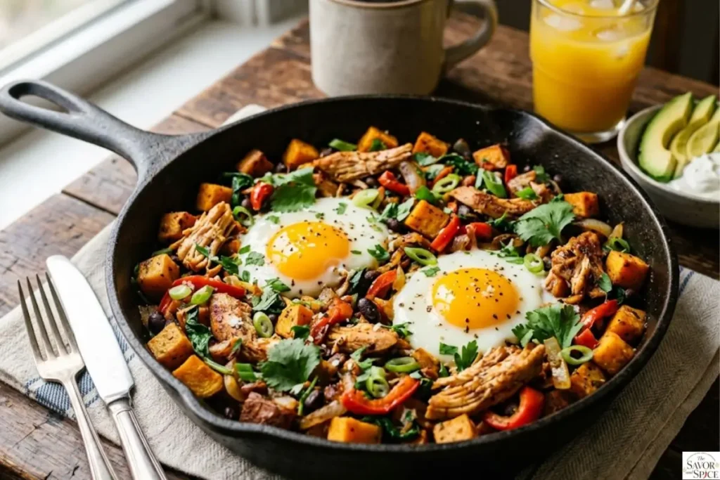 Finished chicken sweet potato breakfast hash with eggs served in a skillet, a healthy high protein one-pan breakfast with crispy sweet potatoes and chicken.