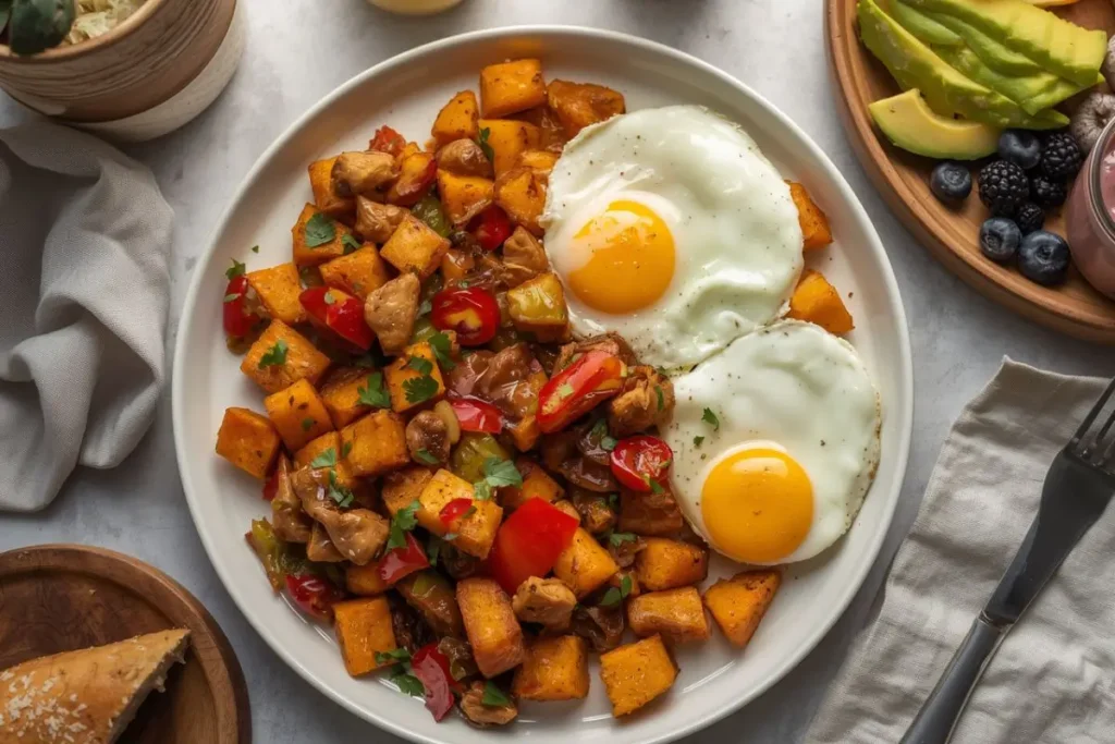 Chicken sweet potato breakfast hash with eggs served as a complete healthy breakfast with avocado, fruit, and balanced side dishes for a high protein meal.