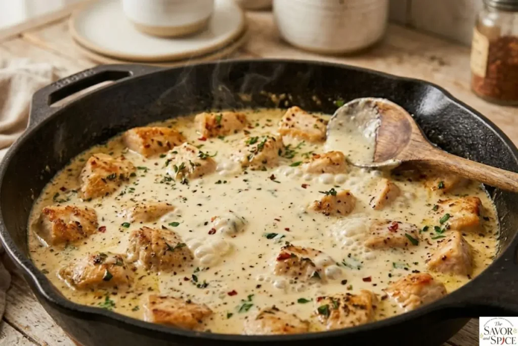 Creamy cottage cheese chicken skillet finished and ready to serve with rich sauce.